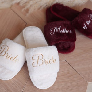 Bride Slippers Mother of the Bride Wedding Day Fluffy Slippers Gift for Her Birthday Gift Slippers Mrs Slippers Bachelorette Party Favors