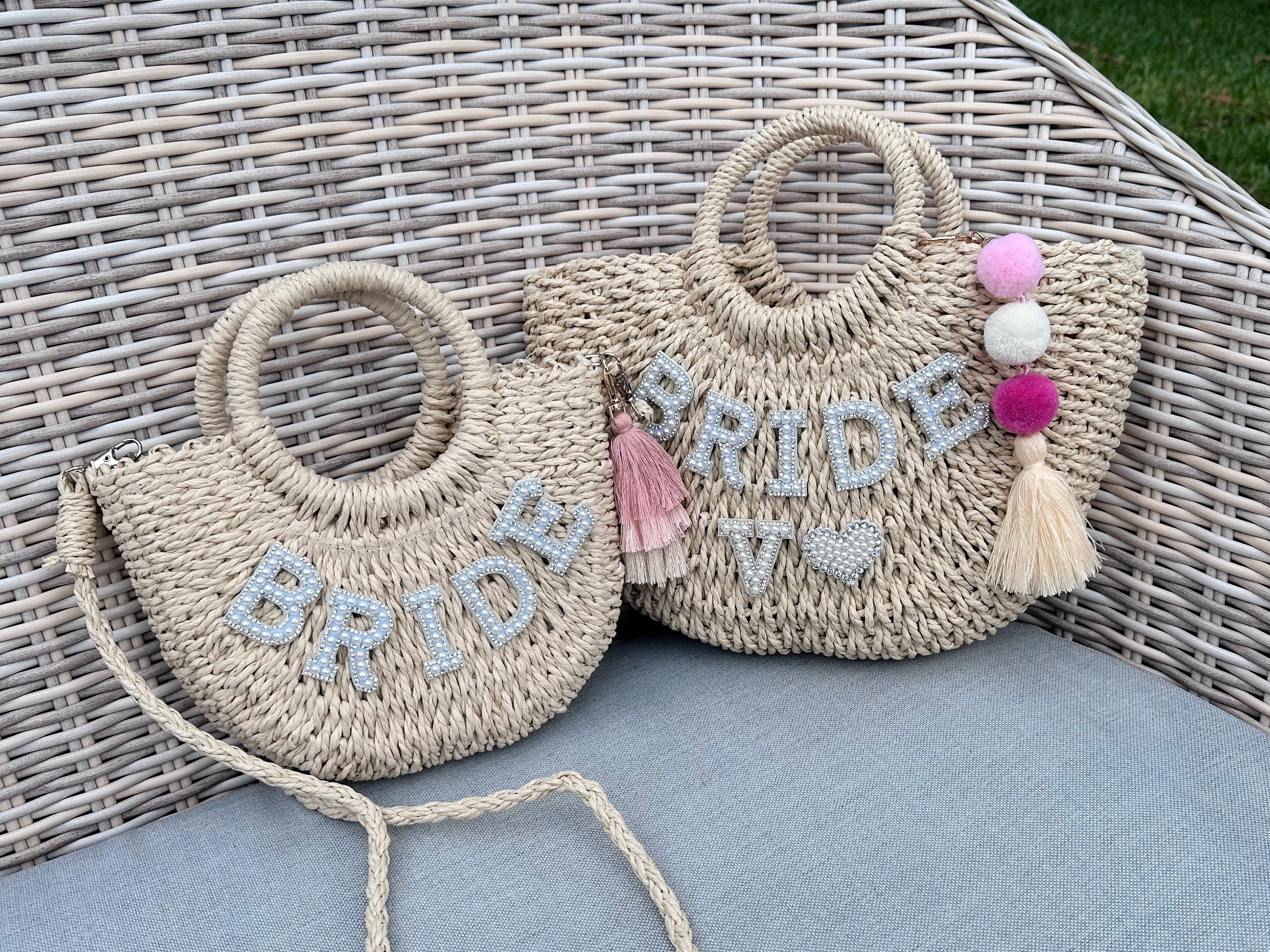 Bridal Pearl Handbag Personalized Gift For Bride Shoulder Straw Bag Beach Bag for Bride Wifey Straw Bag Gift For Wife Custom Bag for Bride