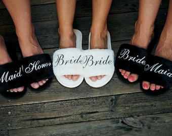 Personalized Bridesmaids Bride Fluffy Slippers Bridesmaids Proposal Custom Future Mrs Slippers Wedding Slippers Matron of Honor Slippers