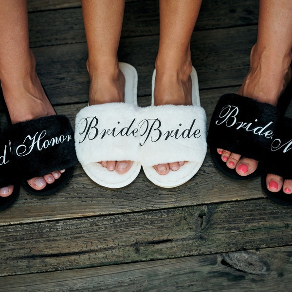 Personalized Bridesmaids Bride Fluffy Slippers Bridesmaids Proposal Custom Future Mrs Slippers Wedding Slippers Matron of Honor Slippers