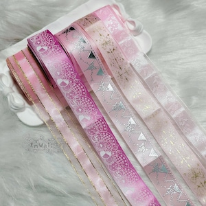 Pastel Pink Ribbon | Silver Gold Stamped, White Lined Dessert, Rose Themed, Lace Sweet Ribbon Craft Supply Rosette, Bowtie, Bridal Decor