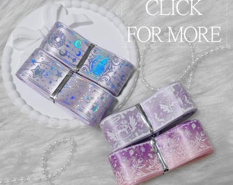 Light Purple / Lilac Ribbon 2.5cm | Golden Stamped Ribbon, Silver Holographic Ribbon Craft Supply Rosette, Bowtie, Bridal Decor DIY