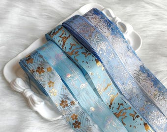 Light Blue / Blue Ribbon | White Lined, Silver Stamped, Gold Stamped Ribbon Craft Supply for Rosette, Bowtie, Bridal Decor, Ita Bag