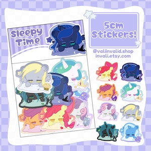 May include: A set of 10 colourful 5cm stickers featuring cartoon ponies sleeping on clouds. The stickers are part of a collection called "Sleepy Time" and are available at @valinvalid.shop and invali.etsy.com.