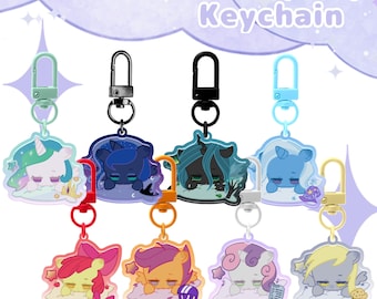 May include: Set of 8 5cm epoxy keychains featuring different cartoon characters from the My Little Pony franchise. Each keychain is attached to a silver metal ring and a silver metal chain.