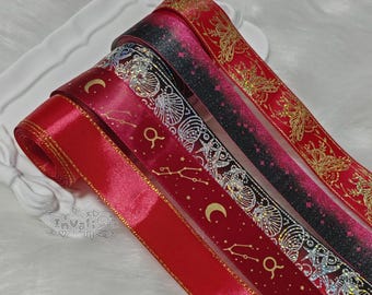 Red / Black Ribbon | Silver Gold Stamped, Holographic, Sea themed Clam, Galaxy Star theme Ribbon Craft Supply Rosette, Bowtie, Bridal Decor
