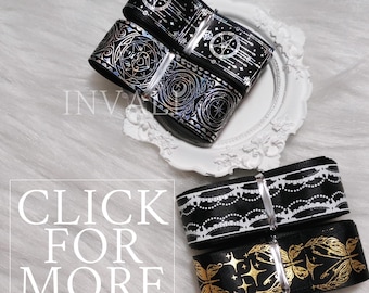 Black Ribbon | Gold Silver Stamped Ribbon | Clock, Silver Strip Stamped, Lace Ribbon Craft Supply Rosette, Bowtie, Bridal Decor DIY