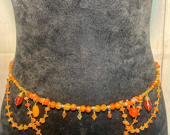 Carnelian Crystal Waist Beads: 18K Gold, Adjustable Sacral Chakra Belly Chain