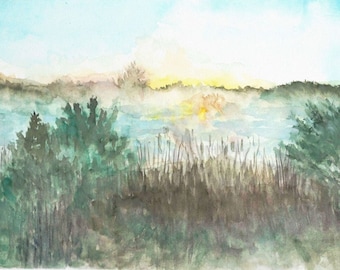 Sunrise Art Print, Lake, Watercolor Painting of Sunrise, lake, Landscape Art, Scenery, Wall Decor Print