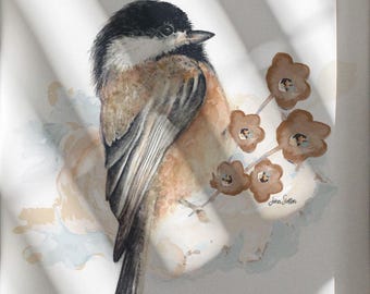 Chickadee Among Wild Flowers Watercolor Print | Chickadee Bird Art | Nature Inspired Gift