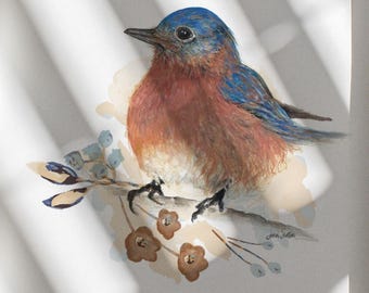 Stampa ad acquerello del merlo azzurro orientale / Decorazione murale naturalistica con fiori primaverili