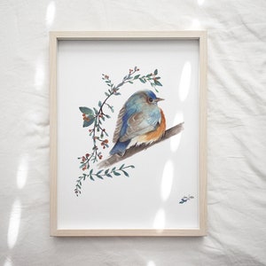 Pájaro azul en acuarela con vegetación y bayas / Impresión artística de aves / Decoración inspirada en la naturaleza / Arte mural de pájaros cantores
