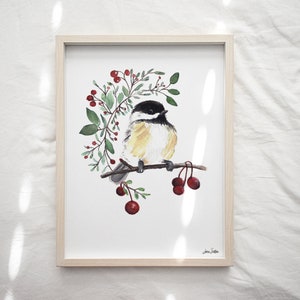 Chickadee Bird Watercolor Art Print | Nature Wall Decor | Woodland Bird Artwork | Cottagecore Bird Print | Songbird Painting with Berries