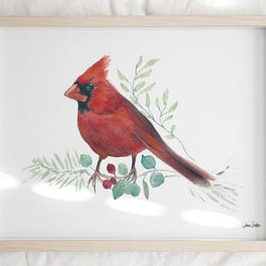 Red Cardinal on Branch Watercolor Print | Bird Lover Horizontal Artwork | Nature-Inspired Wall Decor | Cardinal Bird Art