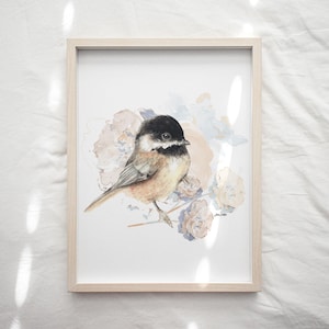 Sweet Watercolor Chickadee Art Print | Black-Capped Chickadee Wall Decor | Nature-Inspired Bird Painting | Cottagecore Bird Artwork