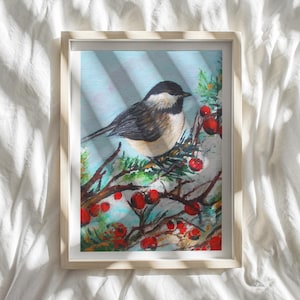 Berry Patch Chickadee Art Print | Chickadee Eating Berries | Bird Lover Gift