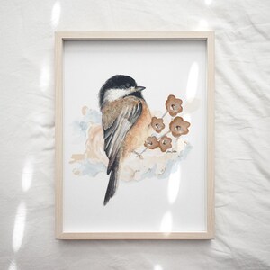 Watercolor Chickadee Art Print | Songbird and Flowers Painting | Nature Lover Wall Art | Bird Lover Gift