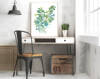 Blauwe bloemenaquarelprint: botanische groene muurkunst