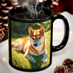 Caneca para cachorro Shiba Inu Caneca de café preta de 11 onças