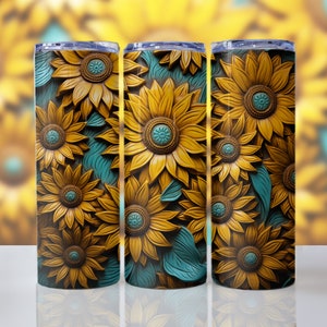 3D Rustic Tooled Leather Sunflower 20 oz Skinny Tumbler Sublimation Design Digital Download PNG Instant DIGITAL ONLY, 3D Tumbler Wrap