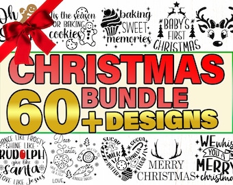 Puede incluir: Un lazo rojo con una cinta dorada está atado alrededor de las palabras "CHRISTMAS BUNDLE 60+ DESIGNS". La imagen presenta una variedad de diseños navideños, que incluyen un hombre de jengibre, un cupcake, un reno y un Papá Noel.