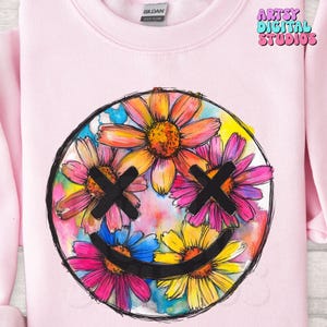 Smiley Face PNG: Distressed smiley png, Smiley Sublimation Png, Floral Smiley Png, Happy Face Png, Retro Flower Png for Sublimation