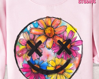 Floral Smiley Face PNG: Distressed Retro Sublimation Design (Digital Download)