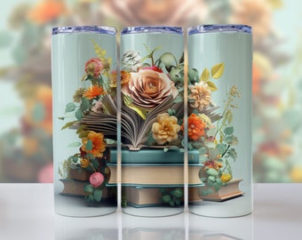 Floral Books Tumbler Sublimation Design: 20 oz Skinny Wrap (Digital Download)