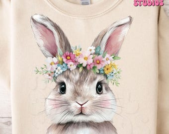 Watercolor Bunny PNG: Floral Crown, Easter Spring Design (Digital Download)