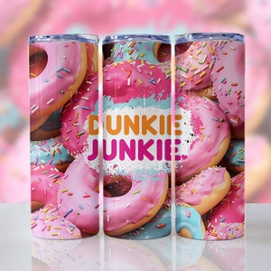 3D Dunkie Junkie Donuts 20 oz Skinny Tumbler Wrap Sublimation Design Straight Tumbler Wrap 3D Pink Blue Tumbler Wrap Download PNG