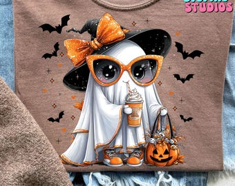 Fantasma fofo de Halloween PNG, clipart engraçado de fantasma de abóbora, temporada assustadora PNG, design de camisa de outono, sublimação de Halloween PNG, camisa fantasma fofa png