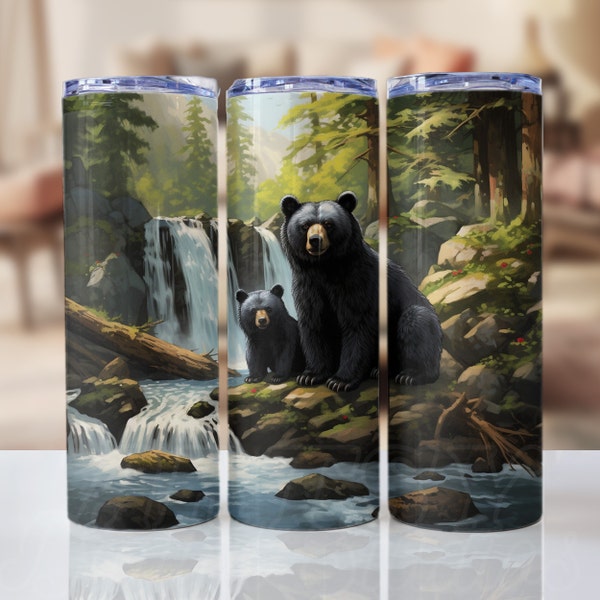 Black Bears 20 oz Skinny Tumbler Sublimation Design Digital Download PNG Instant DIGITAL ONLY, Waterfalls Smoky Mountains Tumbler