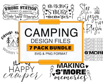 Pacchetto SVG per campeggio: falò, s'mores, camper felice (download digitale)