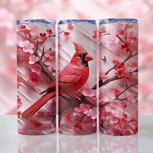3D Red Cardinal Bird Flowers 20 oz Skinny Tumbler Sublimation Design, Straight And Tapered Tumbler Wrap, Instant Digital Download PNG
