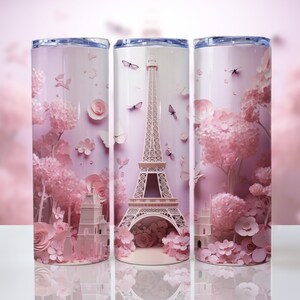 3D Eiffel Tower Pink Roses 20 oz Skinny Tumbler Sublimation Design, Straight And Tapered Tumbler Wrap, Instant Digital Download PNG
