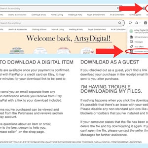 May include: A screenshot of the Etsy website showing instructions on how to download a digital item. The text on the screen reads "How to Download a Digital Item" and "Download as a Guest".