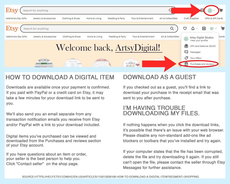 May include: A screenshot of the Etsy website showing instructions on how to download a digital item. The text on the screen reads "How to Download a Digital Item" and "Download as a Guest".