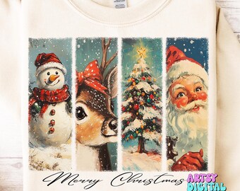 PNG navideño vintage: Papá Noel, reno y muñeco de nieve (descarga digital)