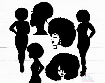 May include: Five black silhouettes of women with afro hairstyles. The silhouettes are in various poses, including standing, side profile, and looking down.