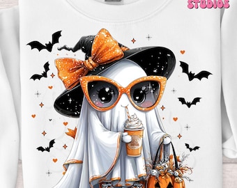 Fantasma fofo de Halloween PNG, clipart engraçado de fantasma de abóbora, temporada assustadora PNG, design de camisa de outono, sublimação de Halloween PNG, camisa fantasma fofa png