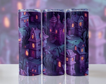 May include: Three purple and black stainless steel tumblers with a Halloween-themed design featuring a spooky village with houses, trees, and glowing windows.
