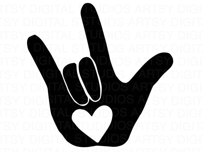 Op de afbeelding: Zwarte silhouet van een hand die het Amerikaanse gebarentaal symbool voor "Ik hou van je" vormt. De hand maakt het "Ik hou van je" teken met een wit hart in het midden van de palm.