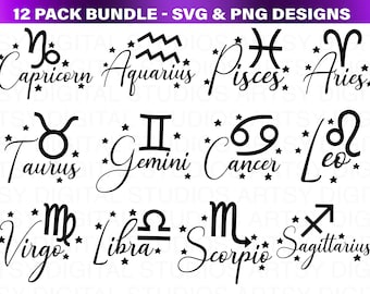 Zodiac Signs SVG Bundle: Astrology Symbols, Constellation Cut Files (PNG)