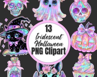 Pacchetto PNG iridescente di Halloween: disegni spettrali retrò al neon (uso commerciale consentito)