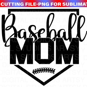 May include: Black and white SVG cutting file design of a baseball diamond with the text "Baseball Mom" inside.