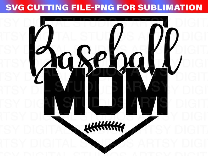 May include: Black and white SVG cutting file design of a baseball diamond with the text "Baseball Mom" inside.