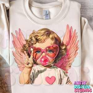 Retro Cupid Blowing Bubble PNG, Cupid With Sunglasses png, Vintage Valentines Day png, Cupid With Sunglasses, Love Hearts Valentine Png