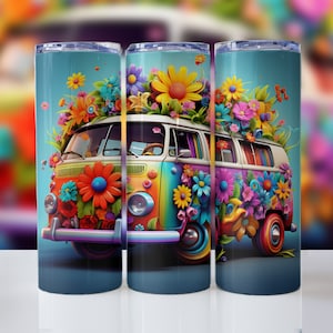 May include: A colourful, vintage-style van with flowers covering the roof and sides. The van is painted in bright colours, including yellow, red, blue, and green. The flowers are a mix of different types, including daisies, roses, and sunflowers. The van is on a blue background.