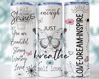Positieve affirmaties 20 oz beker wrap sublimatie ontwerp digitale download png, inspirerende vlinder beker