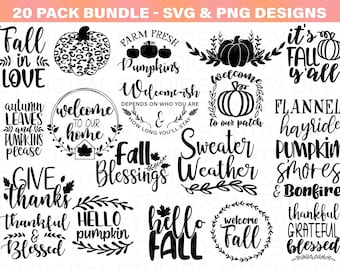 Puede incluir: Un conjunto de 20 diseños SVG y PNG en blanco y negro con frases e ilustraciones de temática otoñal. Los diseños incluyen frases como "Fall in Love", "Welcome to our home", "Fall Blessings", "Hello Pumpkin" y "Welcome Fall".